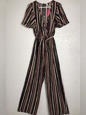 NWT XHILIRATION STRIPED Long Jumpsuit Wrap Style with Button Back, V Neck